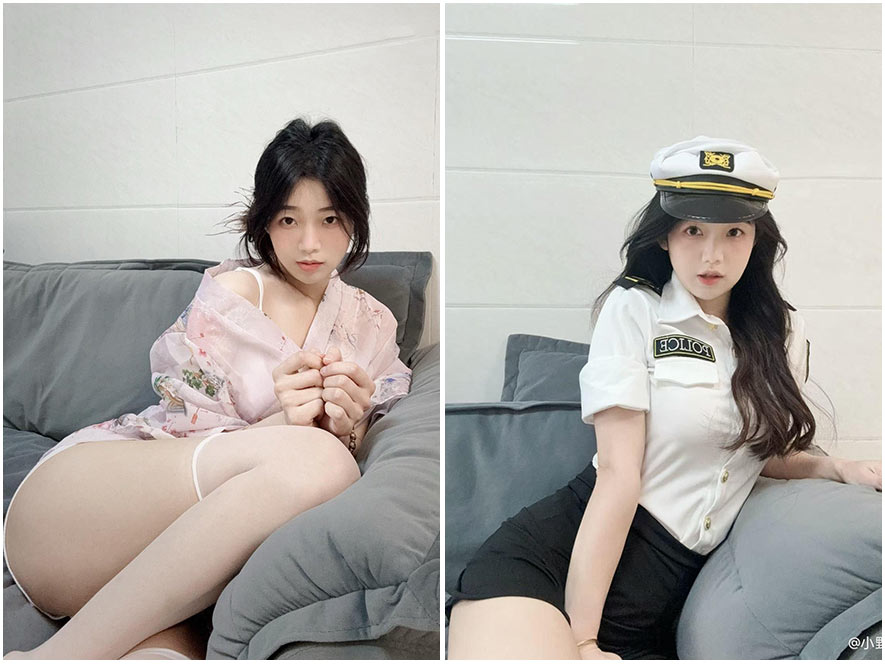 是小野马身穿可爱家居服躺在床上的私房写真，姿态慵懒自然，充满生活气息