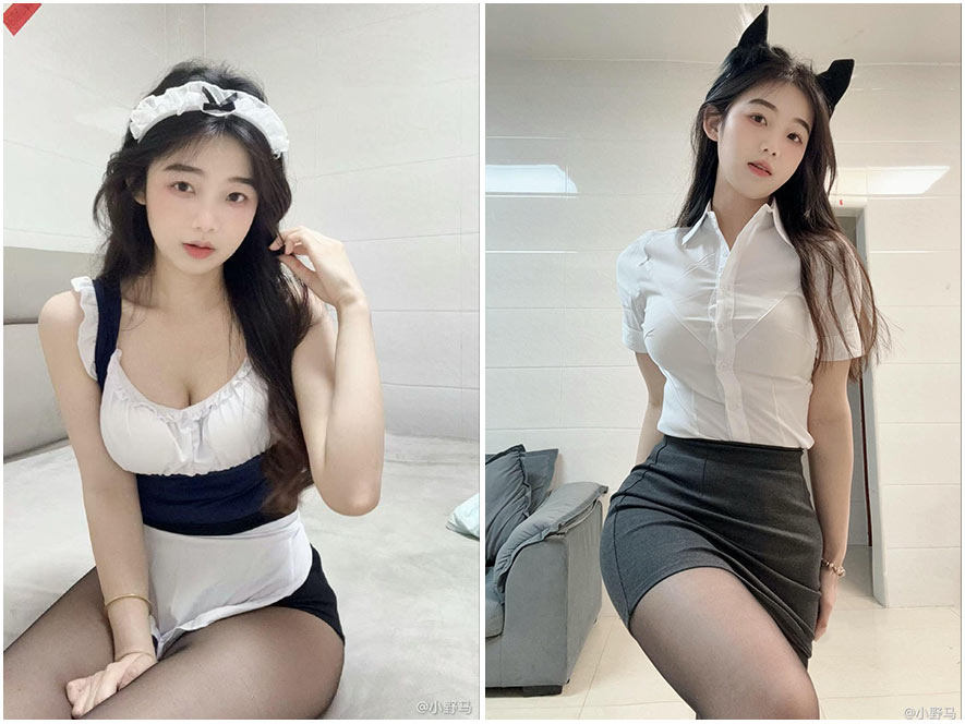 是小野马身穿白色连衣裙站在海边的清纯写真，阳光洒在脸上，眼神清澈无辜