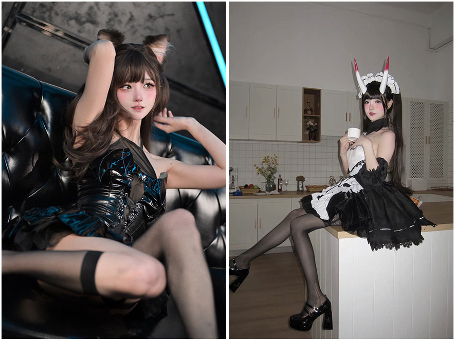 孟程程在落地窗前身着黑色薄纱装回眸一笑