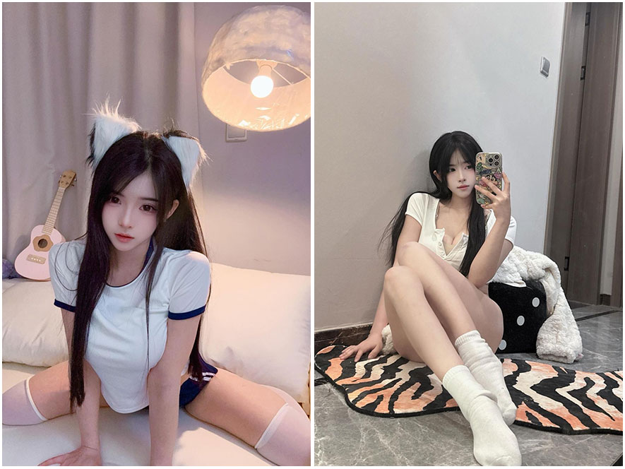 抖音喜欢吃香菜铁粉空间居家白色吊带睡衣慵懒私房照